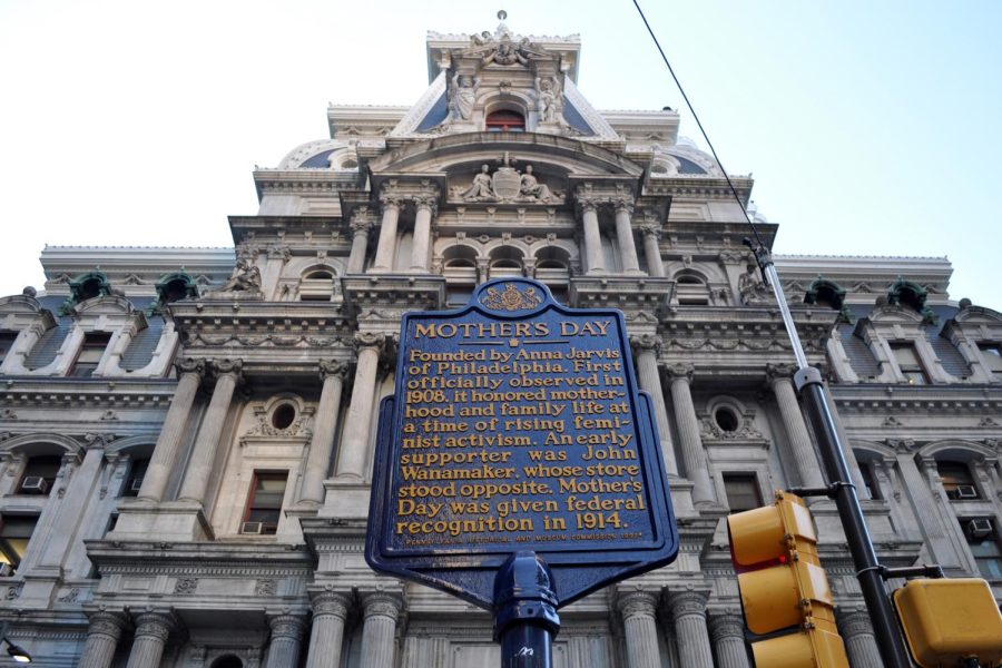 A historical marker showing that Mothers Day was created by Anna Jarvis in 1908 and became a national holiday when President Wilson recognized it in 1914.