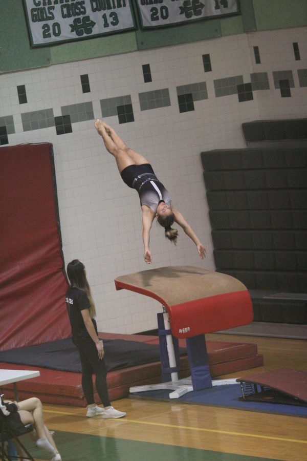 Senior captain Julia Beato performs a front handspring during the vault event. While the Wildcats finished in 3rd place, the whole team gave it their all and had a fantastic last meet.