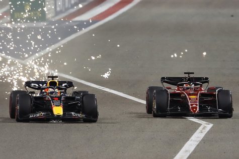 Sparks fly as Max Verstappen attempts to overtake Charles Leclerc. The race took place on Sunday, March 20 in Bahrain.