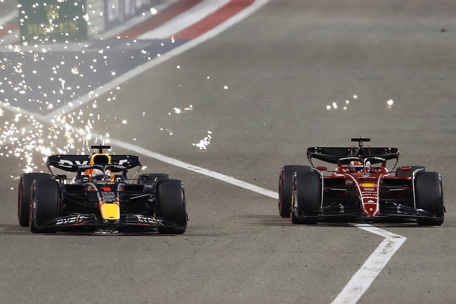 Sparks+fly+as+Max+Verstappen+attempts+to+overtake+Charles+Leclerc.+The+race+took+place+on+Sunday%2C+March+20+in+Bahrain.