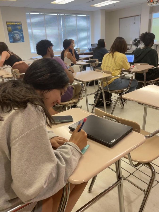 Junior Anjali Bhargava writes down homework in her AP lang class. The exam is quickly approaching yet she still has homework both in Lang and other classes. Bhargava has six AP exams in the next two weeks and is overwhelmed with work.  