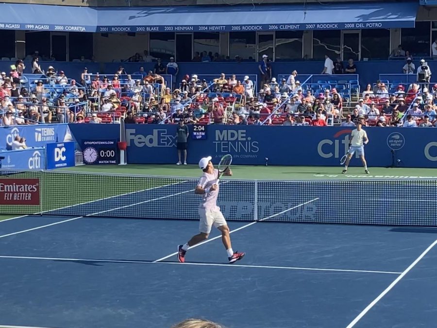 Citi Open 2021 finalist Mackenzie McDonald fields a lob from champion Jannik Sinner in the 2021 championship match. DC has held this ATP event every year since 1969, except in 2020.
