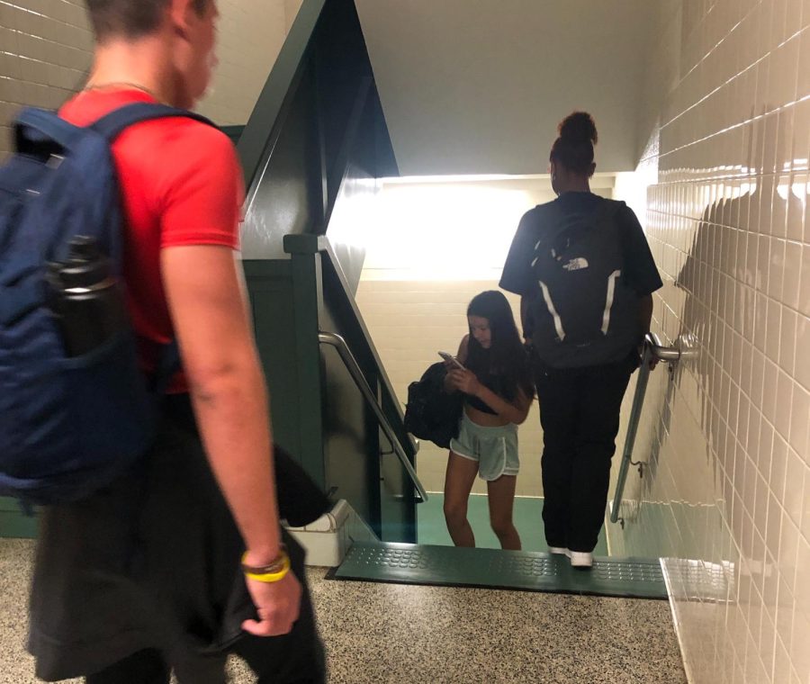 Students after lunch take the down-only staircase by the English office to get to their fifth period. Although there arent any up-only staircases, there is a multitude of down-only forcing students to break protocol.