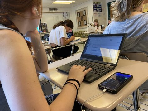 Senior Molly Scanlon drowns out a noisy classroom as she listens to music on Spotify and completes her AP Literature assignment during independent work. “Its hard to concentrate when I hear active conversations, so music creates a happy medium for me,” Scanlon said.