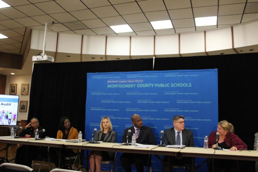 MCPS and community leaders address questions about the audit. Pictured (from left): Brenda Wolff (President of the Board of Education), Monifa McKnight, (Superintendent), Stephanie Sharon (Office of Strategic Initiatives), Anthony Alston (MAEC), John Landesman (Office of Strategic Initiatives) and Carla Morris (Montgomery County Council of PTAs)