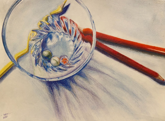 A colored pencil still life drawing