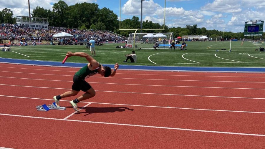 Senior Kiran Sen starts off the 4x100 meter at Maryland Outdoor Track State championships. Sen and his relay members were also able to run the 4x100 meter at Adidas Outdoor Nationals.