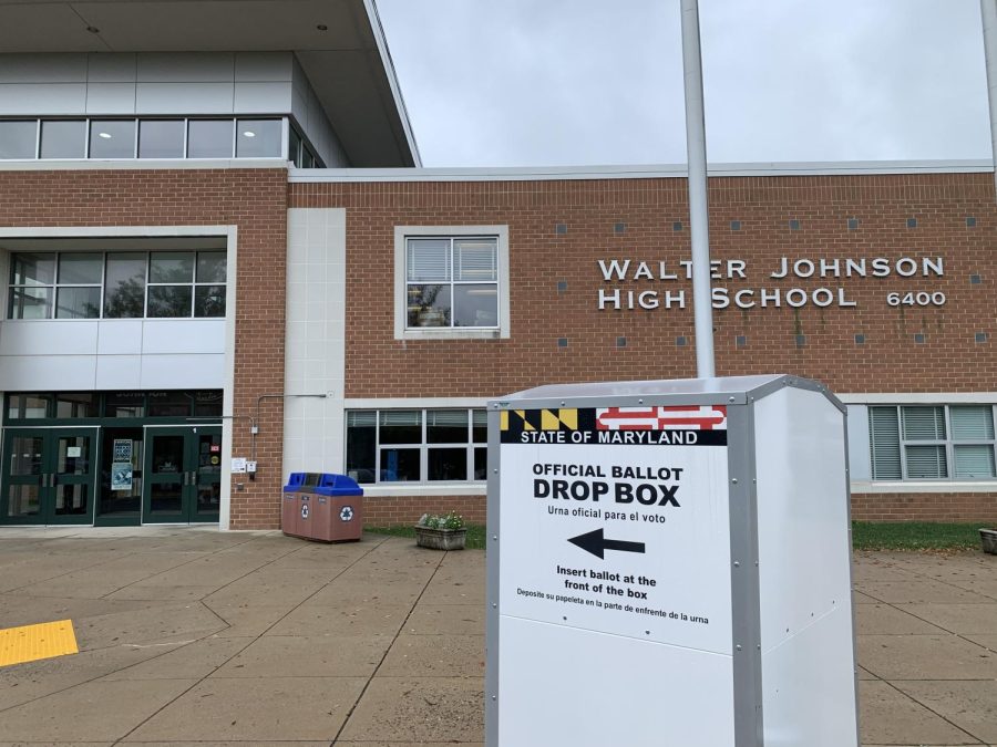 A drop box stands outside of the main entrance of the school for voters to deposit their mail in ballots. As the pandemic has receded from public consciousness, rates of mail in voting still remain much higher than pre-Covid numbers.