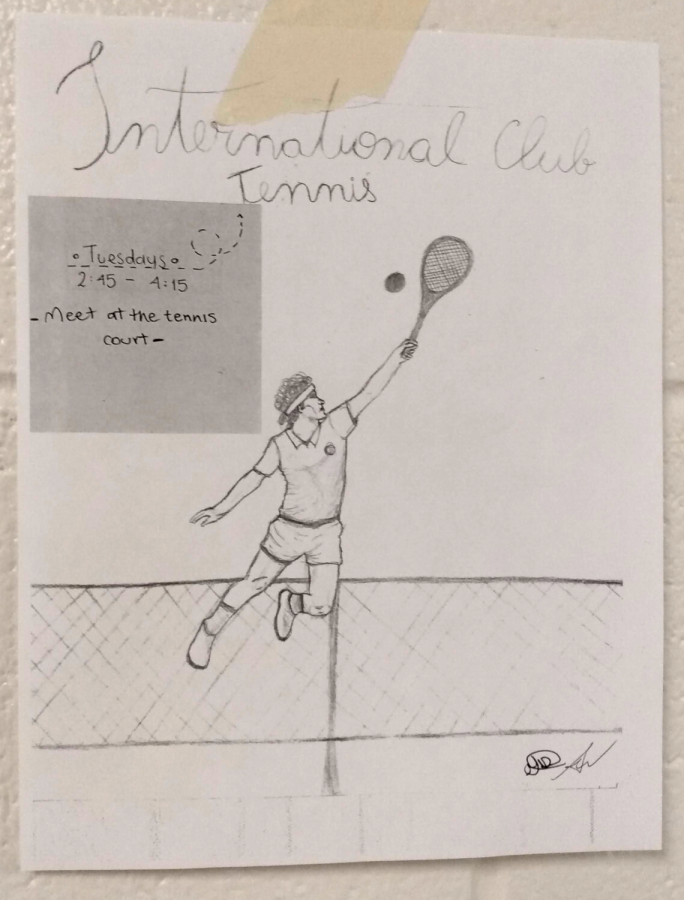 International Club Tennis
The poster is very direct and to the point. The image is beautiful but needs to be inked. The cursive is kind of hard to read. One suggestion is to type out when the meeting is in the box.