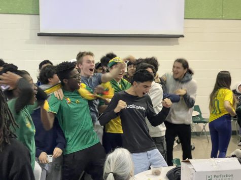 Students Celebrate Vincent Aboubakars goal for Cameroon putting them in lead. Despite the close calls, students cheer in joy as Cameroon upset Brazil 1-0.