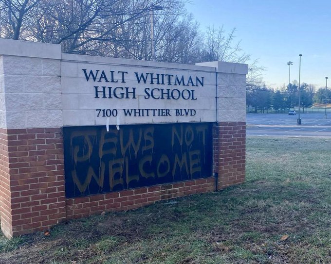 Walt Whitman High Schools sign on Whittier Boulevard was found vandalized with an antisemitic message on Saturday, Dec. 16.