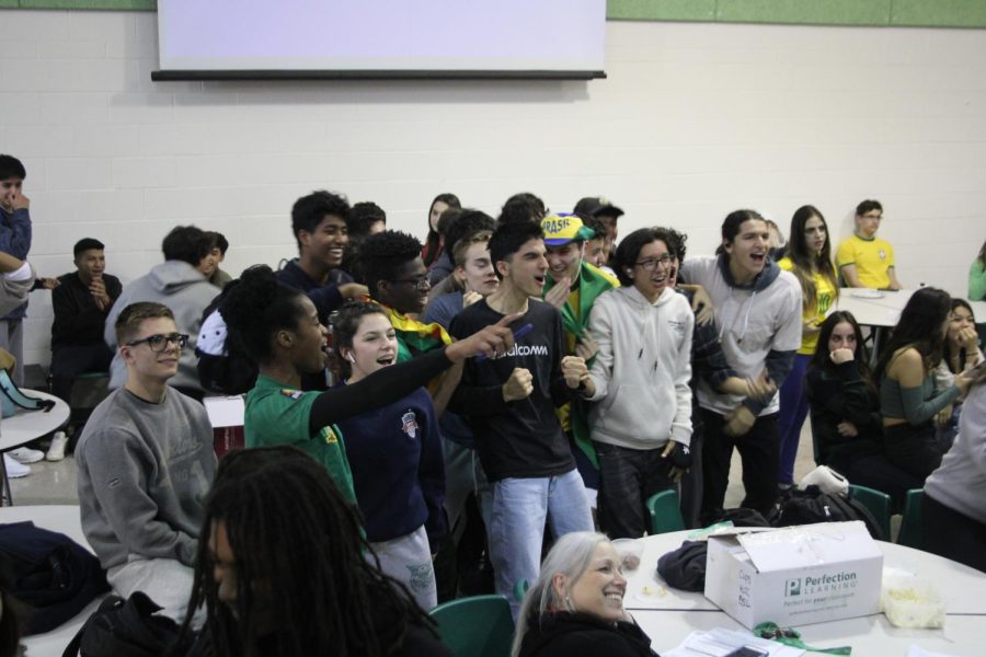 Students celebrate Vincent Aboubakars goal for Cameroon.