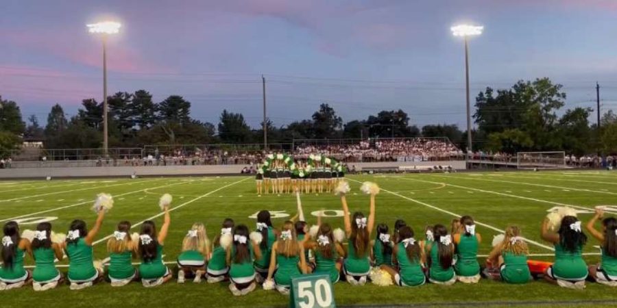 Cheer looks on and supports as Poms performs during halftime. The crowd roared as the team performed their signature snake move.