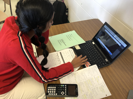 Junior Geetanjali Raju studies for AP Physics using her notes and Flipping Physics. Sometimes, she felt stressed from the class. “I feel overwhelmed from the lack of time and resources that I’m given for such a hard course. It seems like I am being set up to fail sometimes,” Raju said.