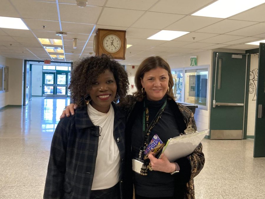 Superintendent Monifa McKnight and Principal Jennifer Baker pose for a photo outside of the college and career center. McKnight visited WJ friday to talk about AP and IB classes. One of McKnights budget proposals is to eliminate all fees for taking AP and IB exams.