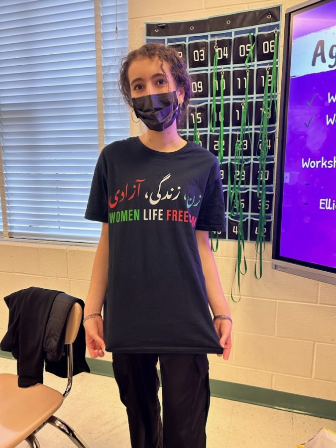 Junior Ava Heydarian wears a shirt that portrays the motto of the current Iranian revolution. It reads, Women, Life, Freedom, in both Persian and English. The words are in the colors of the Iranian flag as well.
“I feel like people don’t really pay attention to it because they think ‘Oh, it’s the Middle East, stuff there happens all the time, it’s fine,’ but I think the more people become desensitized to it, the worse it gets because they don’t advocate or use their voice,” Heydarian said.