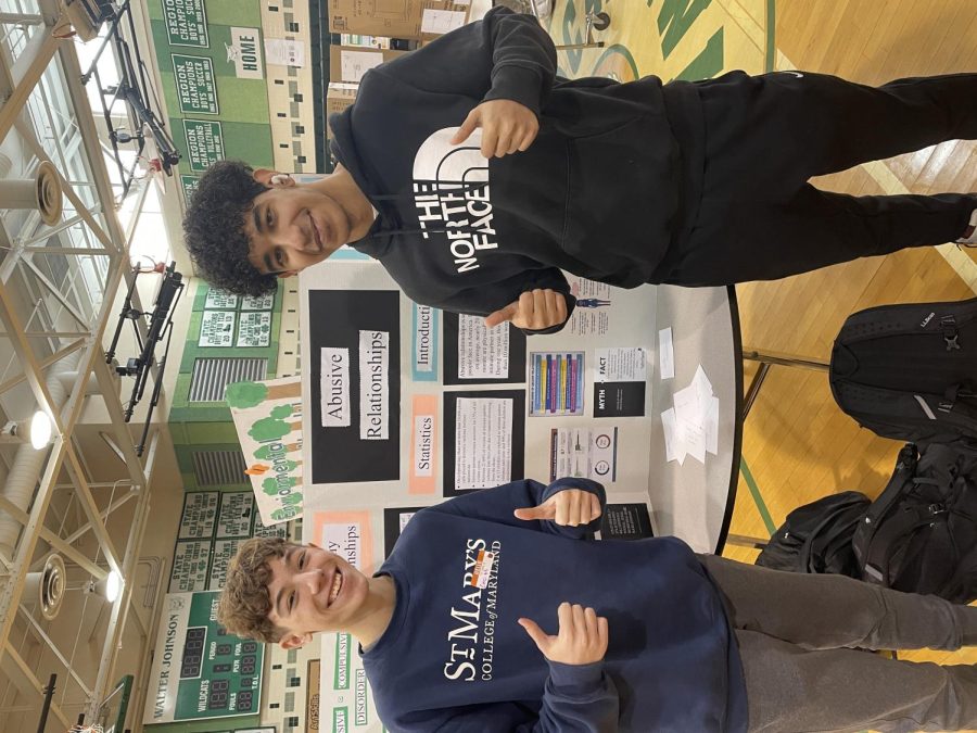 Juniors Leo Holma and Kerlous Mekhail raise awareness with their board on abusive relationships. We wanted to inform people on abusive relationships by providing the places someone can go for help, Holma said.