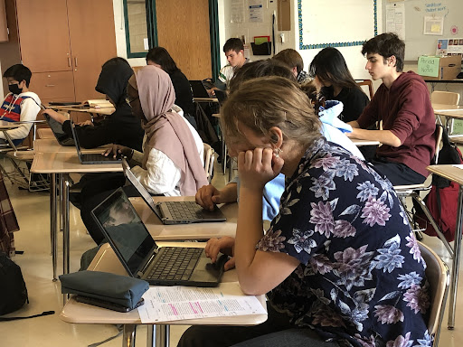 Freshman Jamie McClintock edits their essay on how the setting of John Steinbecks Of Mice and Men relates to the theme during Alexia Chatfields 5th-period APEX English class. APEX English students have faced an increased expectation for writing and critical thinking as they make the jump to high school.