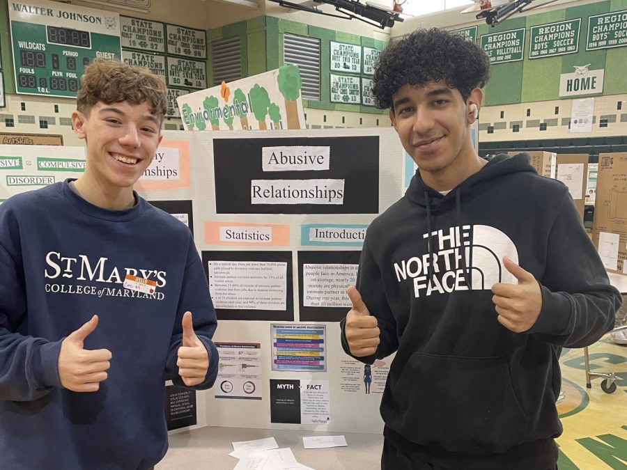 Juniors Leo Holma and Kerlous Mekhail raise awareness with their board on abusive relationships. We wanted to inform people on abusive relationships by providing the places someone can go for help, Holma said.