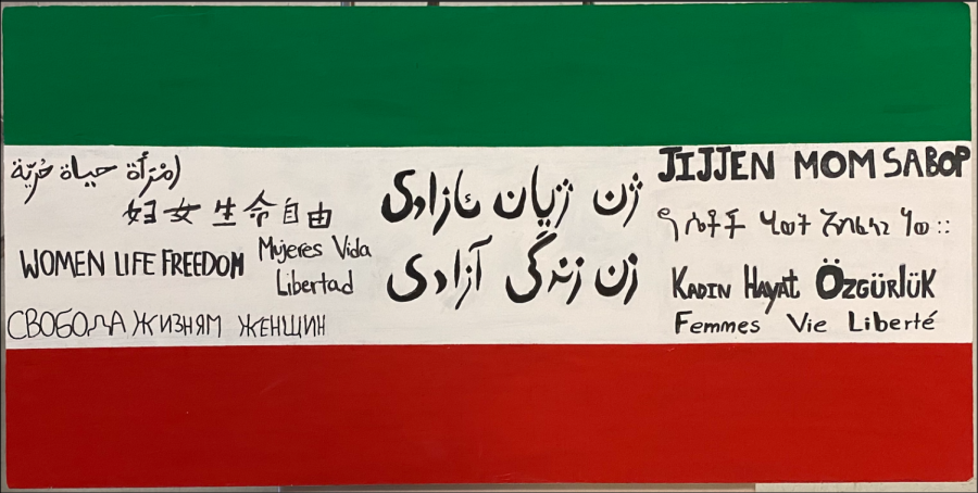 A ceiling tile painted by the MENA club to raise awareness about the revolution in Iran. “Being away from Iran made me feel like I’m not doing much or enough for myself but this project kind of helped me to just be a part of something and made me feel better,” sophomore Sarvin Nahavandian said.