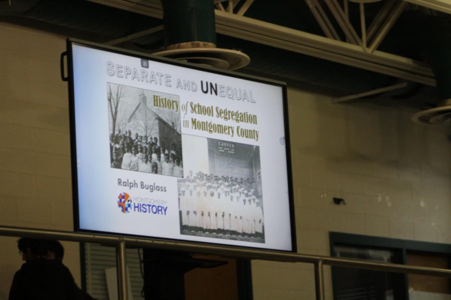 The opening slide of the presentation shows pictures of former Black schools in Montgomery County. Buglass, who graduated from Winston Churchill HS in 1971, is a volunteer historian with Montgomery History.