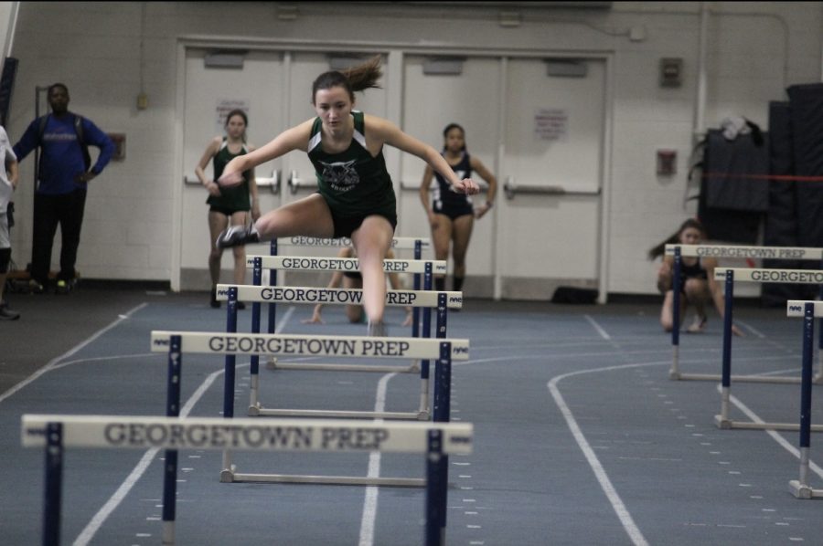 Senior Leah Stievater glides over a hurdle at Last Track to Philly in the Hurdle Shuttle Relay. The events at LTP are a mixture of traditional events and fun events like race walk and the hurdle shuttle relay.