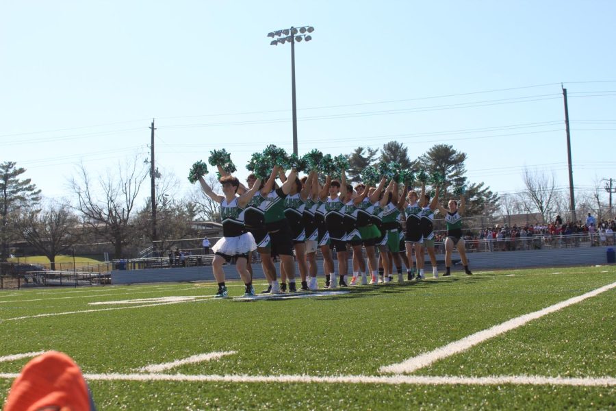 Male poms performs at the 2022 spring pep rally. The crowd cheered endlessly for each part of the routine with little hint of offense.