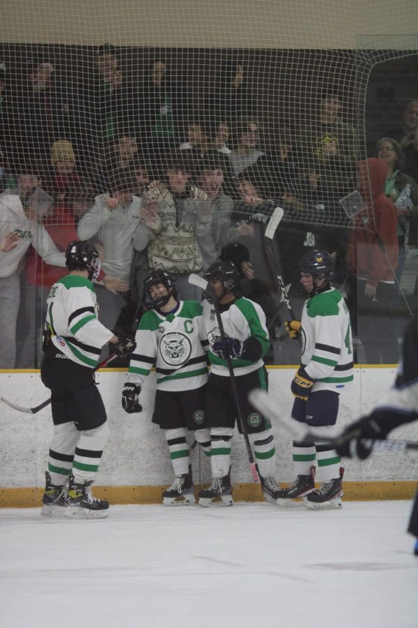 From left: seniors Adam Greene, Ethan Birndorf, Utkarsh Srivastava and sophomore Liam Mannle celebrate team Captain Birndorfs second period goal against Whitman.