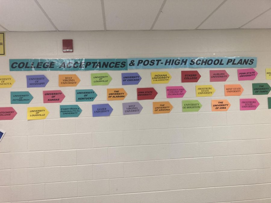 A+display+outside+of+the+counseling+office+shows+the+colleges+WJ+seniors+have+been+accepted+to.+Seniors+have+gotten+into+colleges+all+around+the+world.