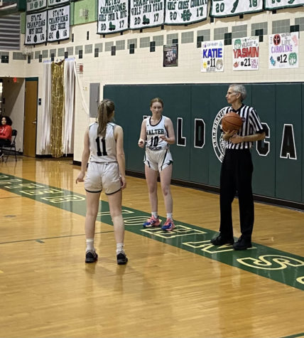 Freshman guard Elizabeth Martin prepares to inbound the ball to senior captain and guard Katie Martin in the Wildcats 38 point win over the Damascus Hornets. The two are sisters and have been huge contributors to the teams success, most recently combining for 16 points in last Fridays victory.