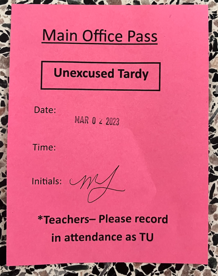 This is an example of a pass given out to students once sent to main office after being tardy to either 1st or 5th period. Students have to go to the office just to return to class to be marked Tardy Unexcused (TU) by teachers, raising lots of frustration on whether that is an effective use of time.