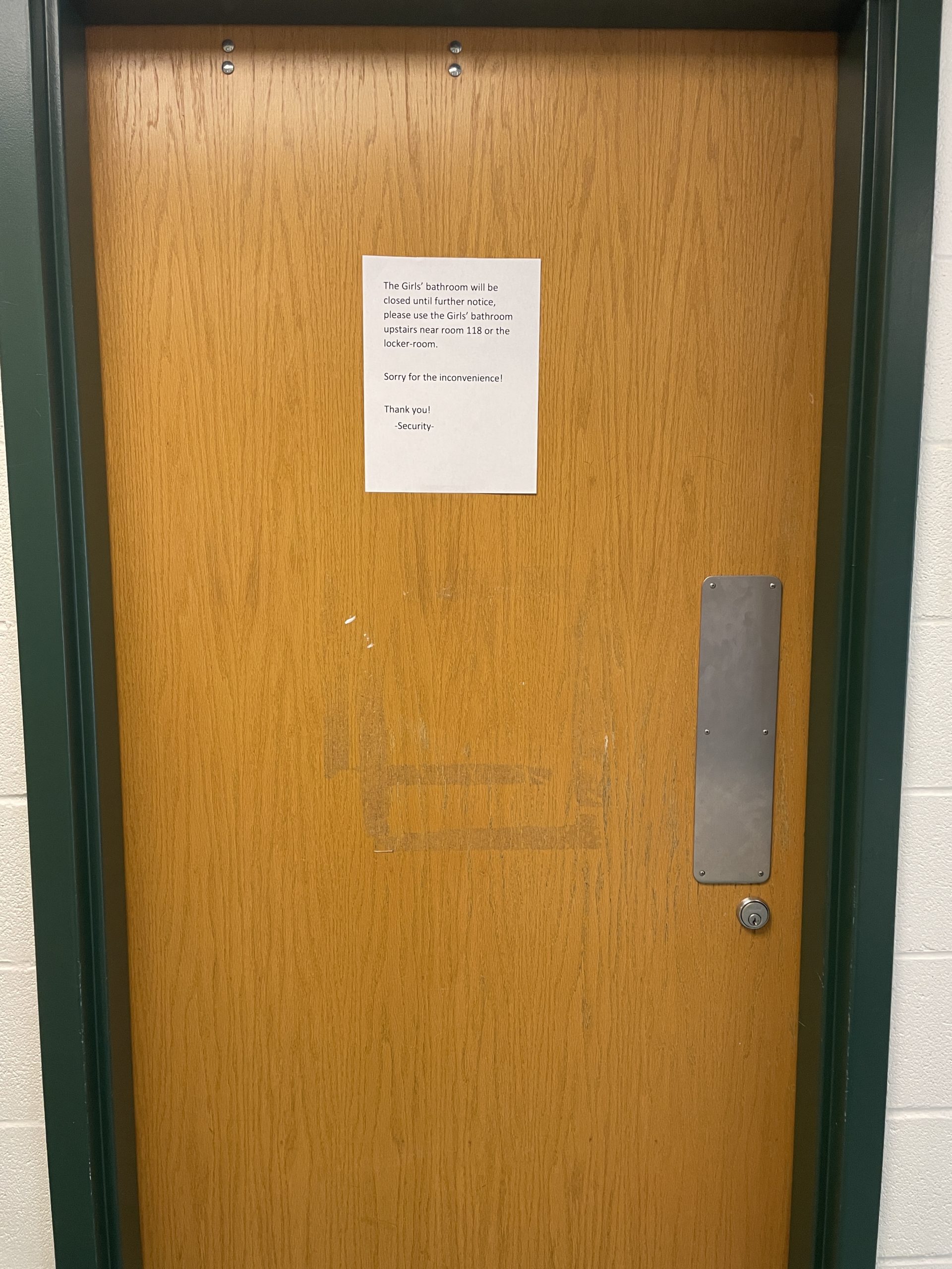 The bathroom on the G floor next to the portables is locked. Whenever a bathroom is locked there is a sign informing students where the next nearest unlocked bathroom is.