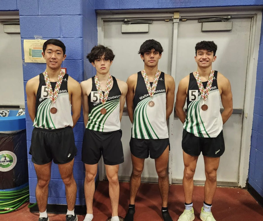 (From left) Koki Takizawa, Kendall Murphy, Calix McCormick and Liad Simhony grind out a 3rd place finish in a competitive 4x800 race at the MD 4A Indoor Track State Championship