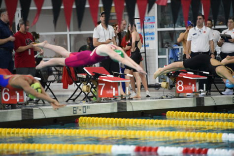 Junior captain Healey Morgan dives in the pool for her race. She placed third in the 50 freestyle and fourth in the 100 freestyle.