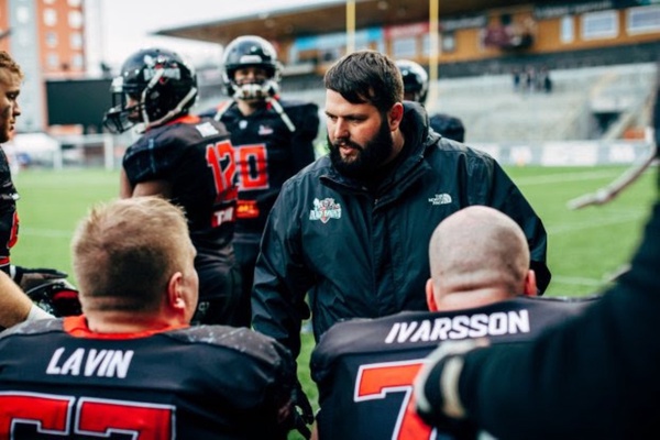 Incoming wildcat football coach Aaron Fiddler commands the Örebro Black Knights to victory. Fiddler earned coach of the year twice while coaching the Black Knights.