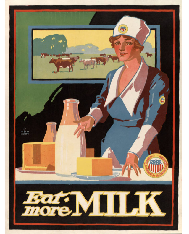 Eat More Milk was a campaign that started in the wake of the milk surplus to sell condensed milk, cheese and butter. Milk has quickly become a staple of the American diet.
