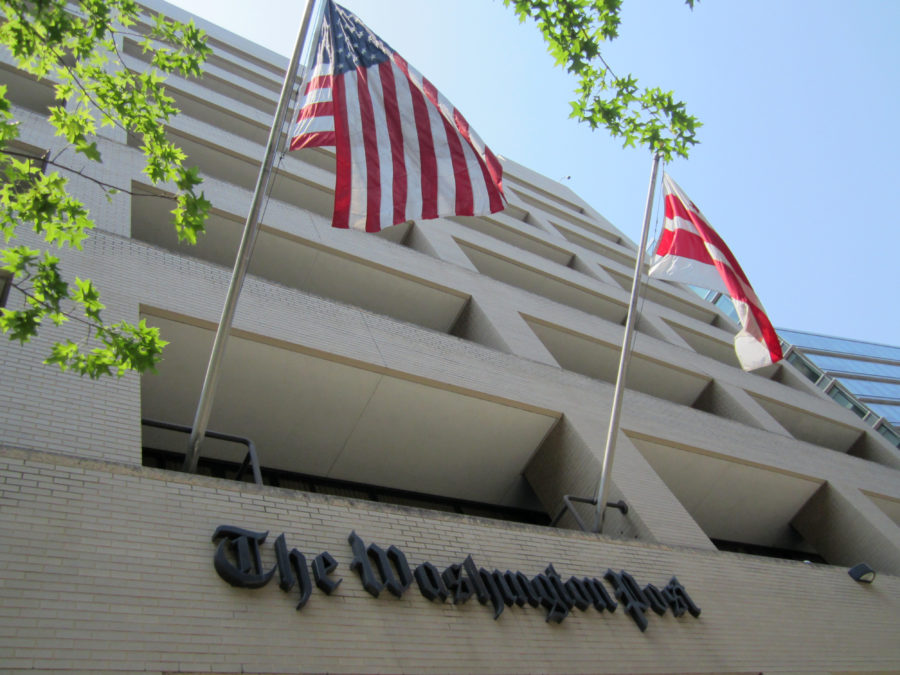 The Washington Post headquarters at One Franklin Square in Washington, D.C.. Crowds of WJ students gathered to celebrate outside on Friday evening in anticipation of the closing of the blockbuster deal.