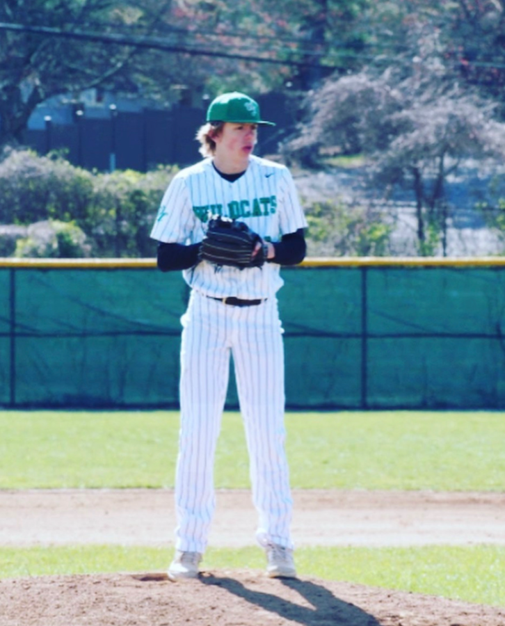 Junior Jay Wandell eyes down Whitmans batter. Wandell pitched an impressive game with eight strikeouts.