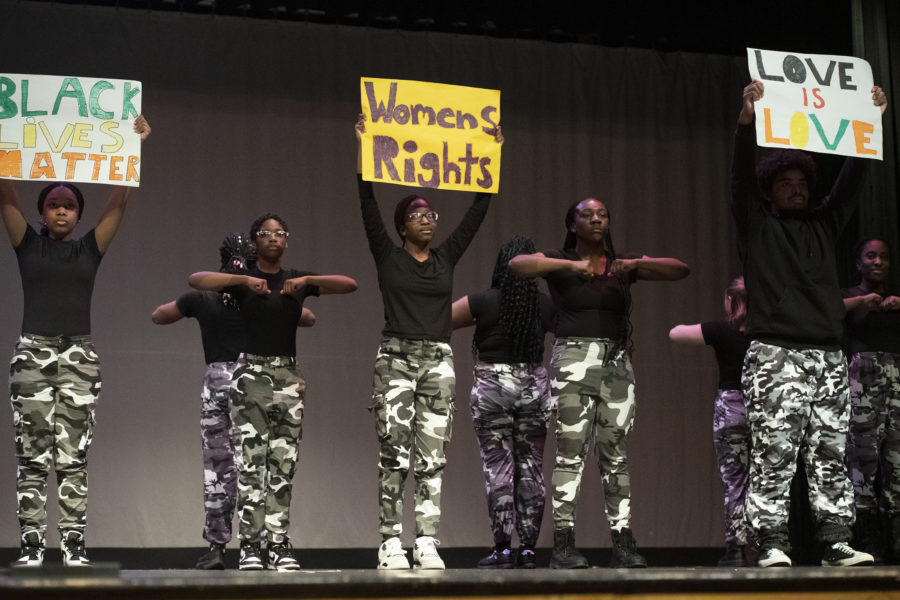 Northwest High Schools step team commands the stage. The detail-oriented routine involved several segments including one segment that used posters to spread progressive messages.