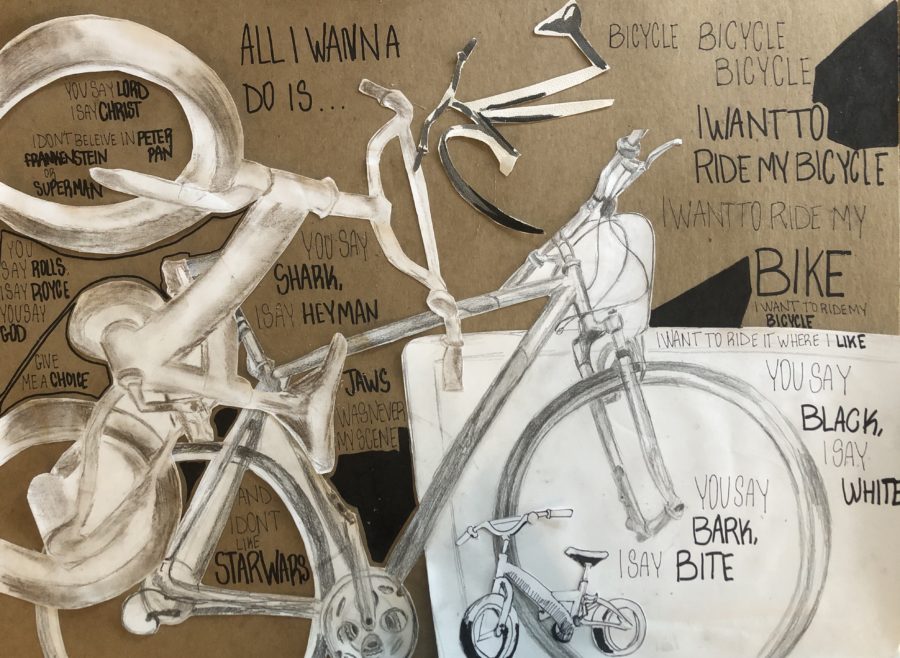 The AP Drawing students spend the last two weeks of their school year doing multiple bike studies in different mediums such as ink, charcoal and graphite. The final project was supposed to be a collage of the different bicycles put together.