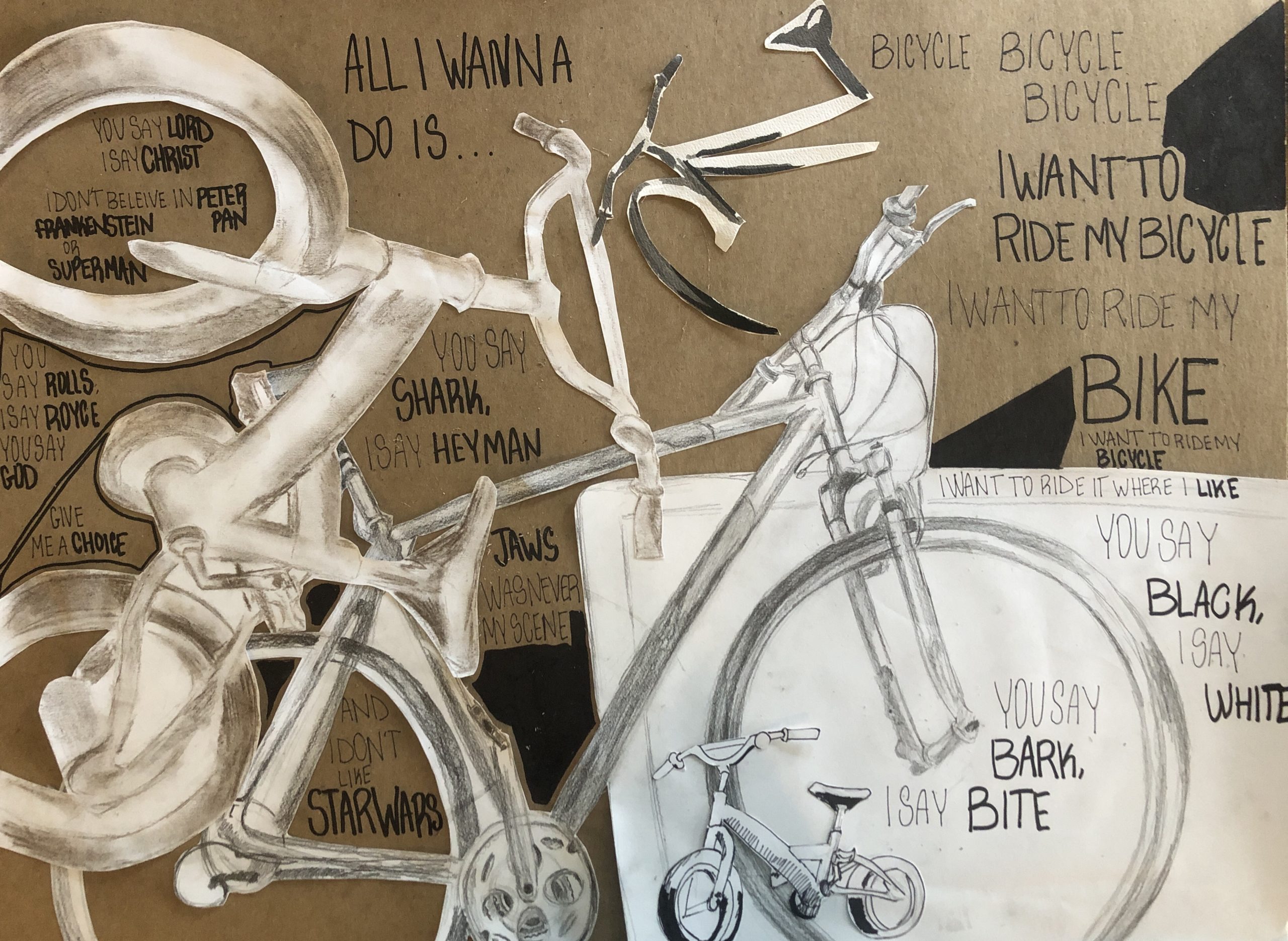 The AP Drawing students spend the last two weeks of their school year doing multiple bike studies in different mediums such as ink, charcoal and graphite. The final project was supposed to be a collage of the different bicycles put together.