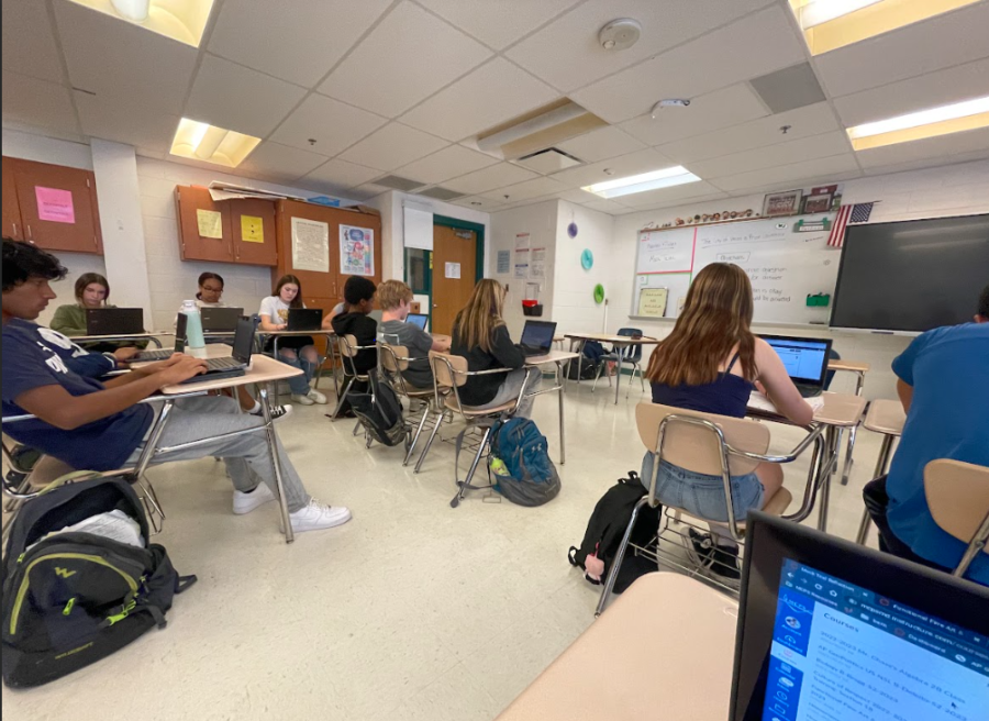 Freshmen work hard in English class on a Romeo and Juliet MOCK Trial assignment. The end of the year allows for fun, culminating class activities.