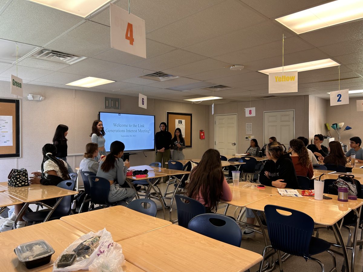 Link Generations Club holds an interest meeting on Wednesday, September 20. The club officers, Junior President Sophie Amalyan, Junior Vice President Bella Rose, Junior Secretary Nadeen Orabi and Junior Treasurer Carissa Chen presented in front of the group about the clubs purpose and how it will operate, including how members should fill out the form for SSL hours.