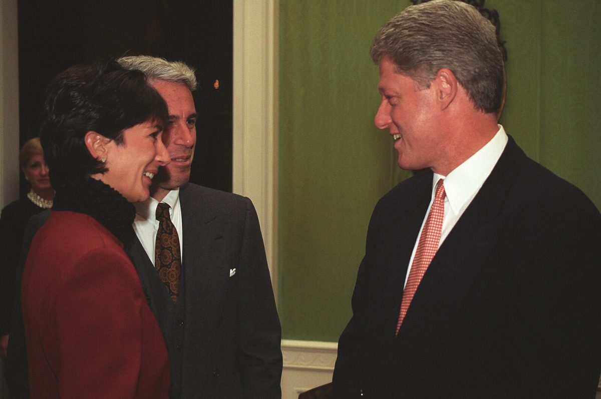 Former President Bill Clinton, Ghislaine Maxwell and Jeffrey Epstein are seen communicating with each other in 1993. Epstein and Clinton were frequently photographed together.