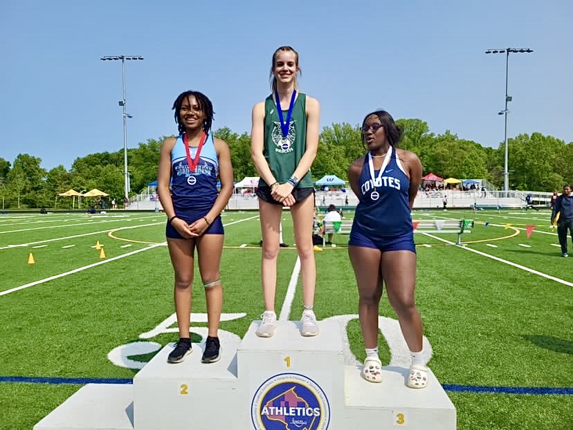 Senior captain of track and field Sarah Watson wins gold. She competed in the 2023 MCPS spring County Championships and won first place in discus, earning a 100-09.