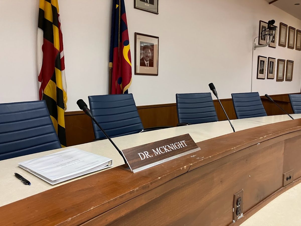 The+seat+for+Dr.+Monifa+McKnight%2C+Superintendent+of+MCPS%2C+sits+empty+at+the+Board+of+Educations+table+at+MCPS+central+offices.+McKnight+resigned+Friday+in+the+wake+of+numerous+controversies+and+allegations+of+misconduct.