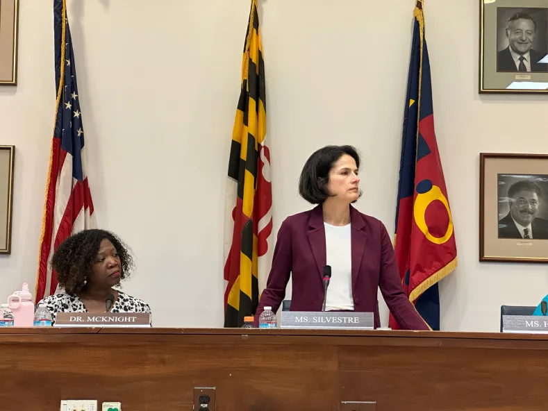 MCPS Superintendent Dr. Monifa McKnight listens to testimony during a Board of Education budget hearing on Jan. 25 as President of the Board Karla Silvestre presides. Officers of the Board, including Silvestre, allegedly asked McKnight to resign the week prior.