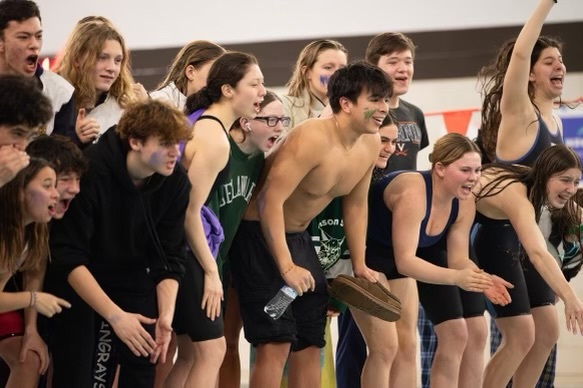 The Aquacats cheer on their teammates as they race in Regionals on Feb. 17.  Im really excited for States and I cannot wait to watch my teammates swim fast, junior Isla Bartholomew said.  