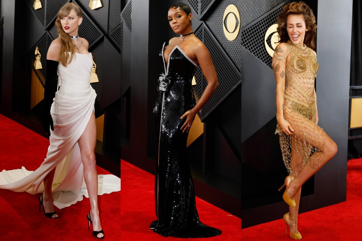 Taylor Swift, Miley Cyrus and Janelle Monáe pose for the paparazzi on the red carpet. The 66th Annual Grammy awards was held on Feb. 4 in Los Angeles.