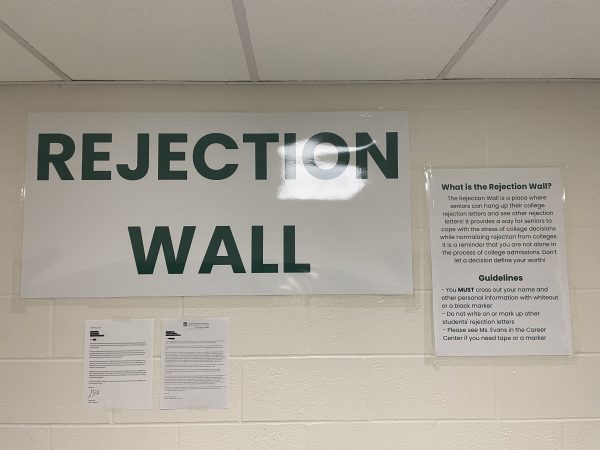 The Rejection Wall is posted up on the hallway of the counselors office. There are currently two letters, one for a rejection and the other for a deferral. It is hoped that seniors take the chance to know that they are not alone and its okay to not get into a college.